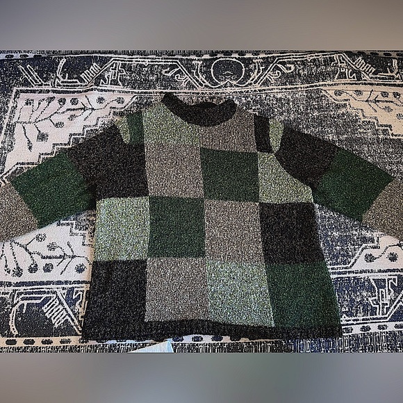 Vintage Sweaters - Vintage Green & Brown Patchwork Mock-Neck Sweater: Size 14